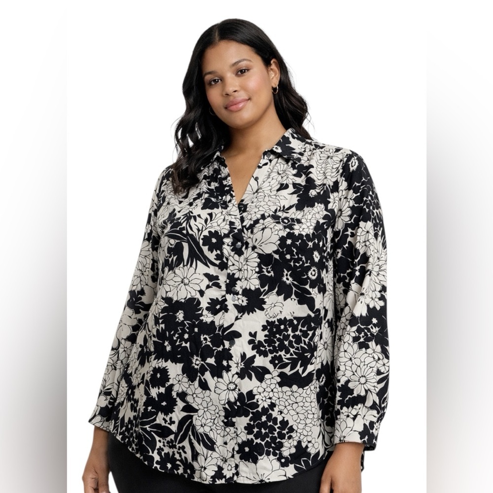 Ann Taylor Black White Floral Long Sleeve Blouse Women’s M